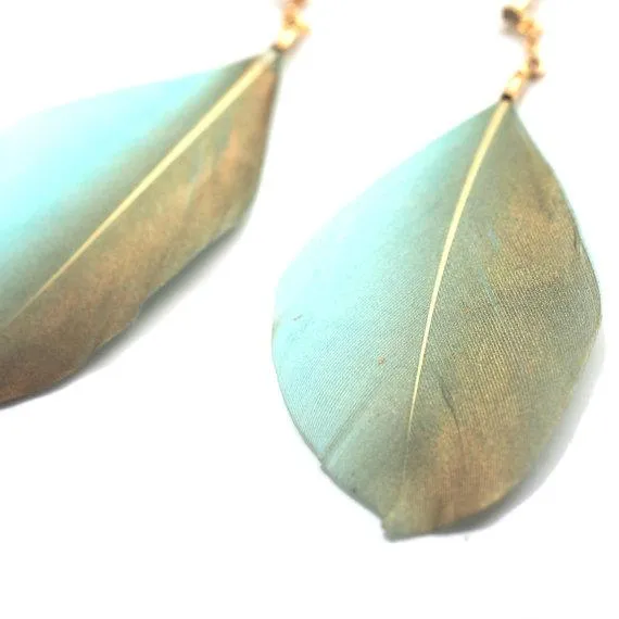 Gold painted green feather invisible clip on earrings