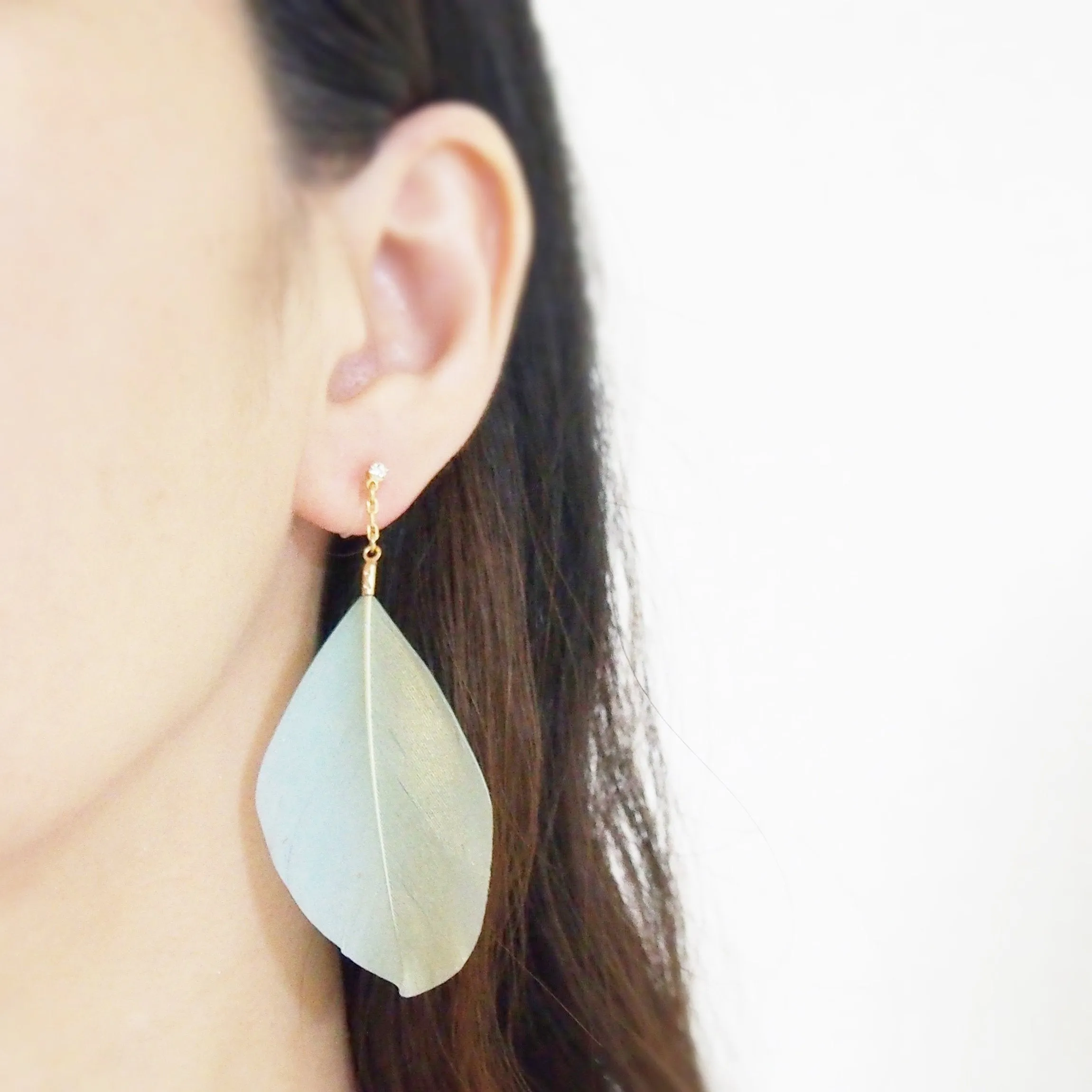 Gold painted green feather invisible clip on earrings