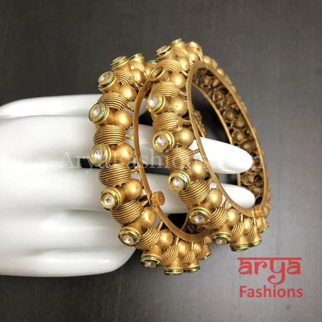 Jaipuri Rajwadi Golden Kada Bangles with Kundan stones