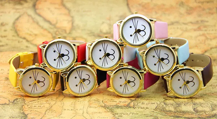 Leather Cat watches Fashion Leather Quartz watch Women Dresses Watches
