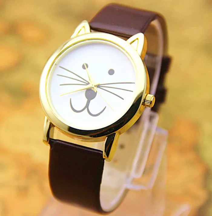 Leather Cat watches Fashion Leather Quartz watch Women Dresses Watches