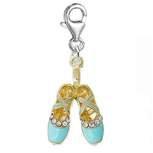 Light Blue Ballerina Ballet Shoes Clip on Pendant for European Charm Jewelry with Lobster Clasp