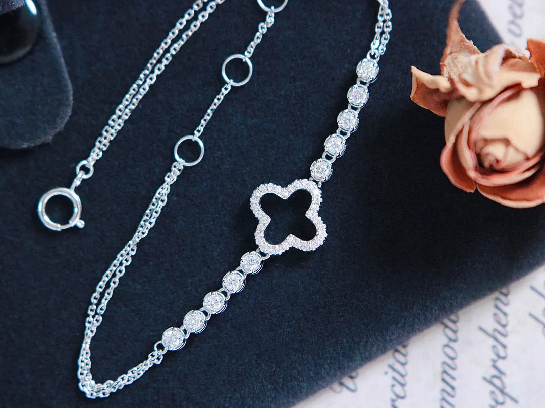 Lucky clover Diamond Bracelet, 18K Solid gold Diamond four leaf flower Bracelet