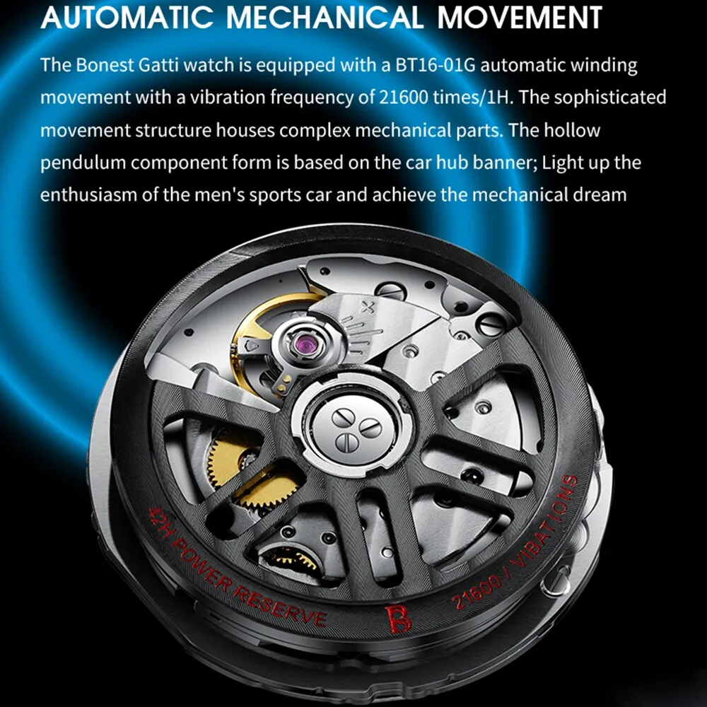 Luxury Sports Car Sapphire Dial Case Military Waterproof  Wrist Watch for Men Automatic Mechanical Skeleton Relogio Masculino