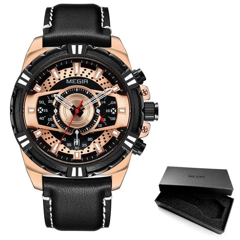 MEGIR Men&#39;s Original Casual Quartz Chronograph Military Sport Leather Wristwatch Man Relogios Date Calendar Luminous Hand Clock