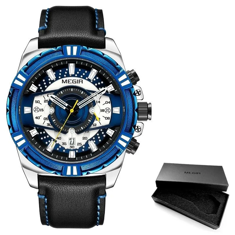 MEGIR Men&#39;s Original Casual Quartz Chronograph Military Sport Leather Wristwatch Man Relogios Date Calendar Luminous Hand Clock