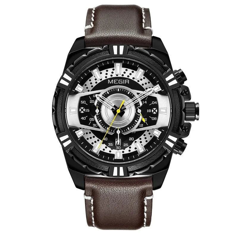 MEGIR Men&#39;s Original Casual Quartz Chronograph Military Sport Leather Wristwatch Man Relogios Date Calendar Luminous Hand Clock