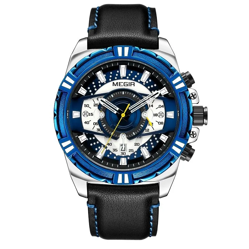 MEGIR Men&#39;s Original Casual Quartz Chronograph Military Sport Leather Wristwatch Man Relogios Date Calendar Luminous Hand Clock