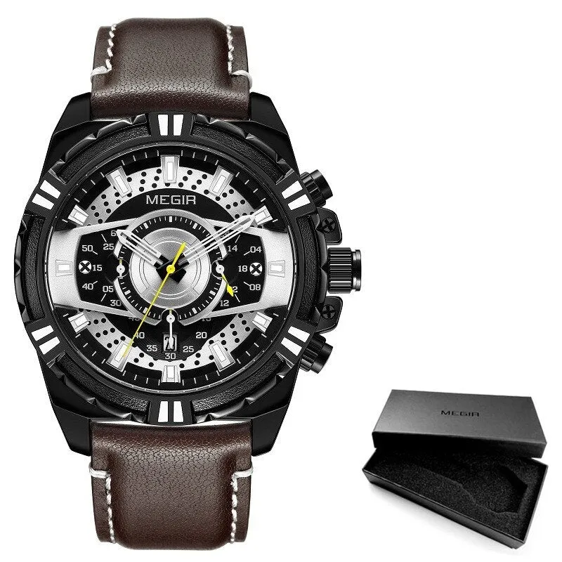 MEGIR Men&#39;s Original Casual Quartz Chronograph Military Sport Leather Wristwatch Man Relogios Date Calendar Luminous Hand Clock