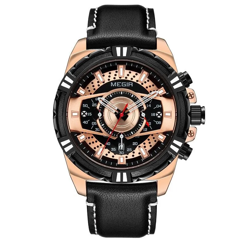 MEGIR Men&#39;s Original Casual Quartz Chronograph Military Sport Leather Wristwatch Man Relogios Date Calendar Luminous Hand Clock