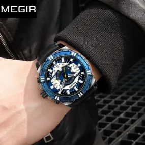 MEGIR Men&#39;s Original Casual Quartz Chronograph Military Sport Leather Wristwatch Man Relogios Date Calendar Luminous Hand Clock