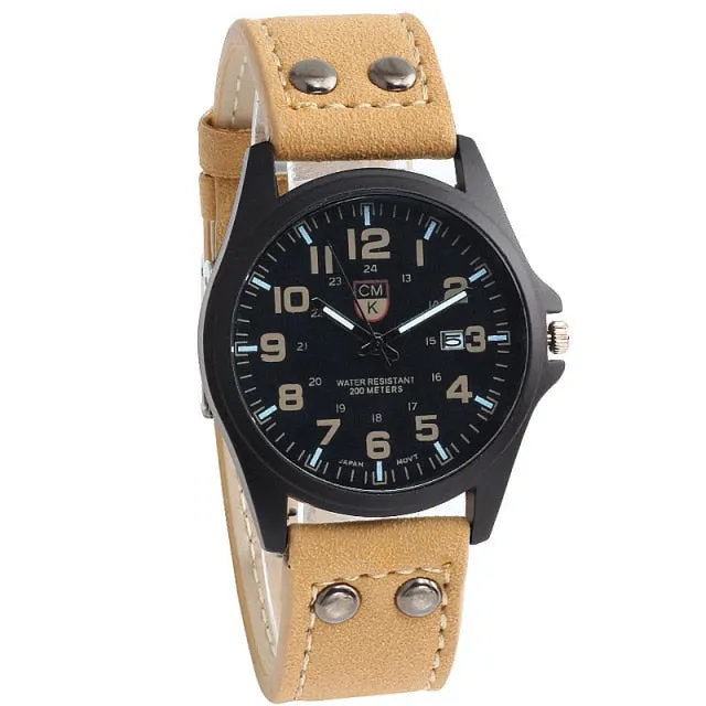 Men's Date Leather Strap watches Sport Quartz Military Wristwatch