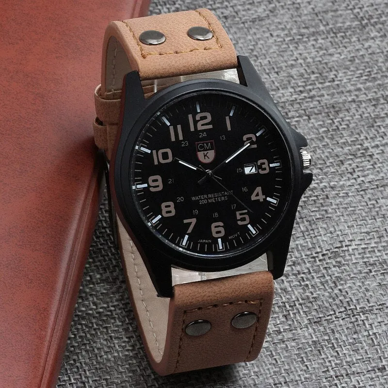 Men's Date Leather Strap watches Sport Quartz Military Wristwatch