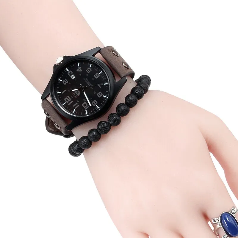 Men's Date Leather Strap watches Sport Quartz Military Wristwatch
