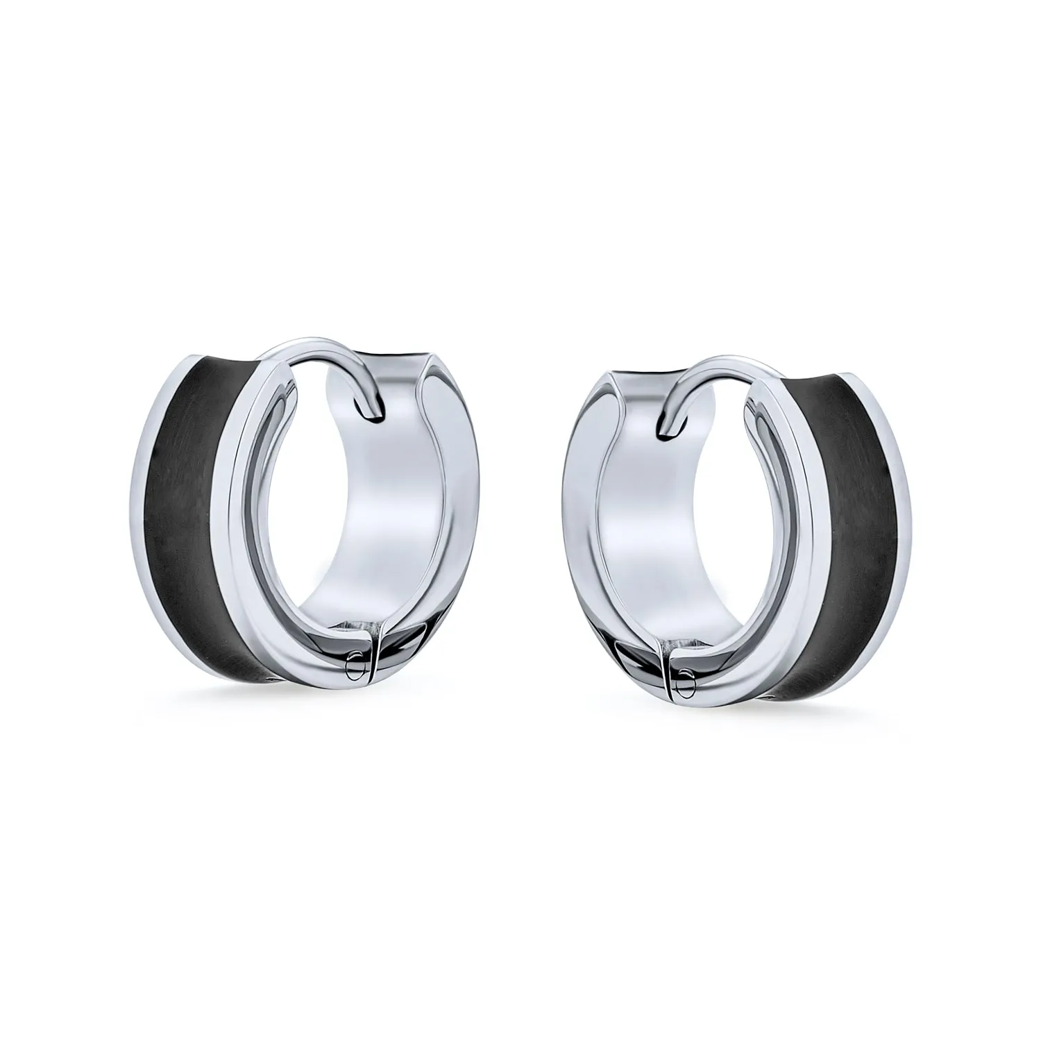 Mens Earrings Two Tone Striped Black Enamel Huggie Hoop Silver Tone Stainless Steel