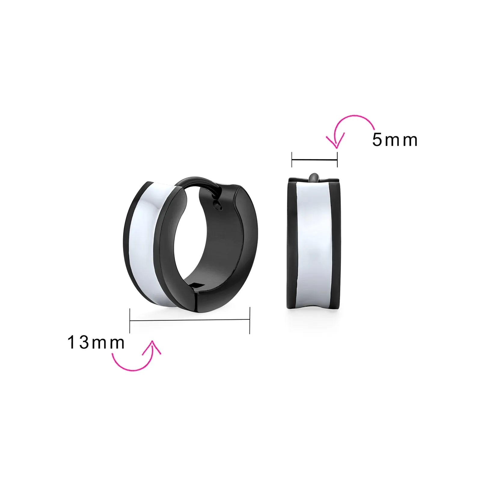 Mens Earrings Two Tone Striped Black Enamel Huggie Hoop Silver Tone Stainless Steel