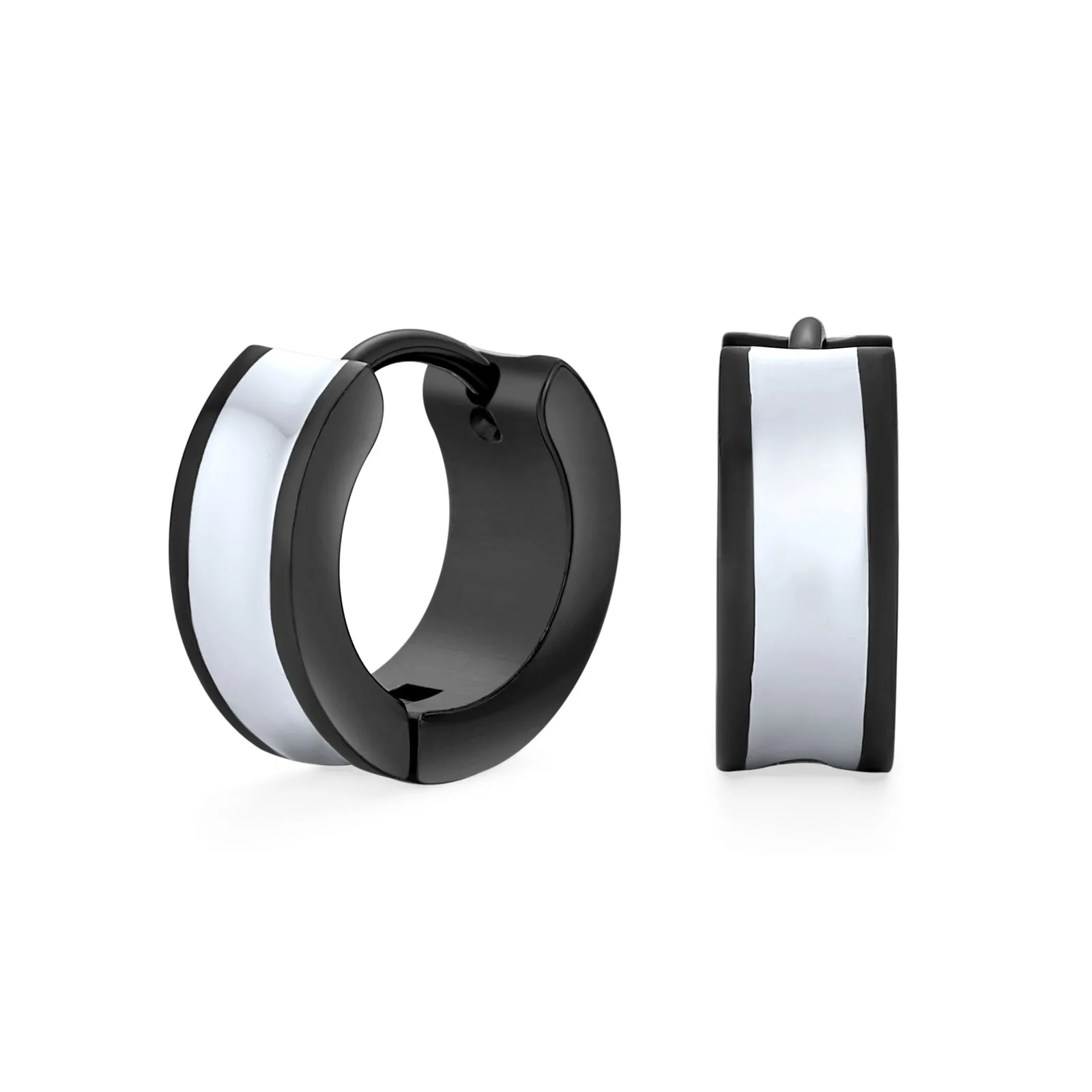 Mens Earrings Two Tone Striped Black Enamel Huggie Hoop Silver Tone Stainless Steel