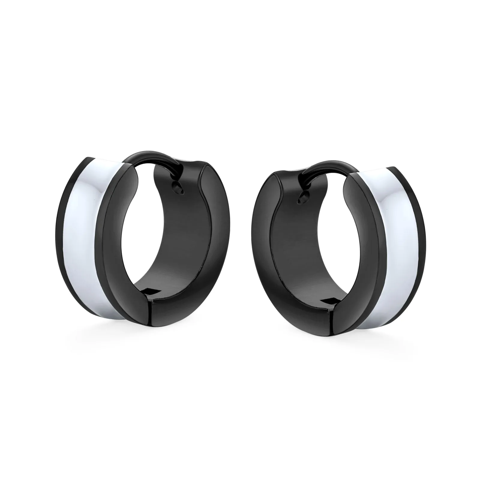Mens Earrings Two Tone Striped Black Enamel Huggie Hoop Silver Tone Stainless Steel