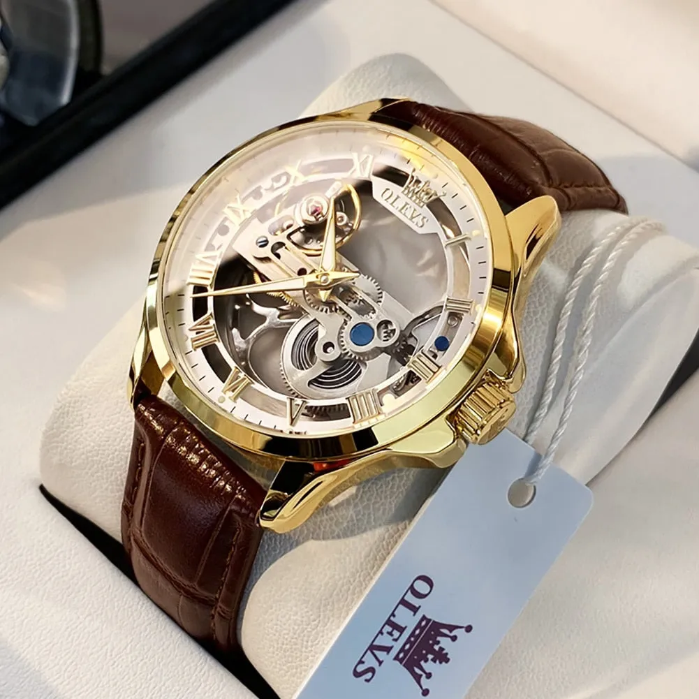 OLEVS Luxury Men Watches Automatic Mechanical Wristwatch Skeleton Design Waterproof Leather Strap Male Watch  Reloj Hombre