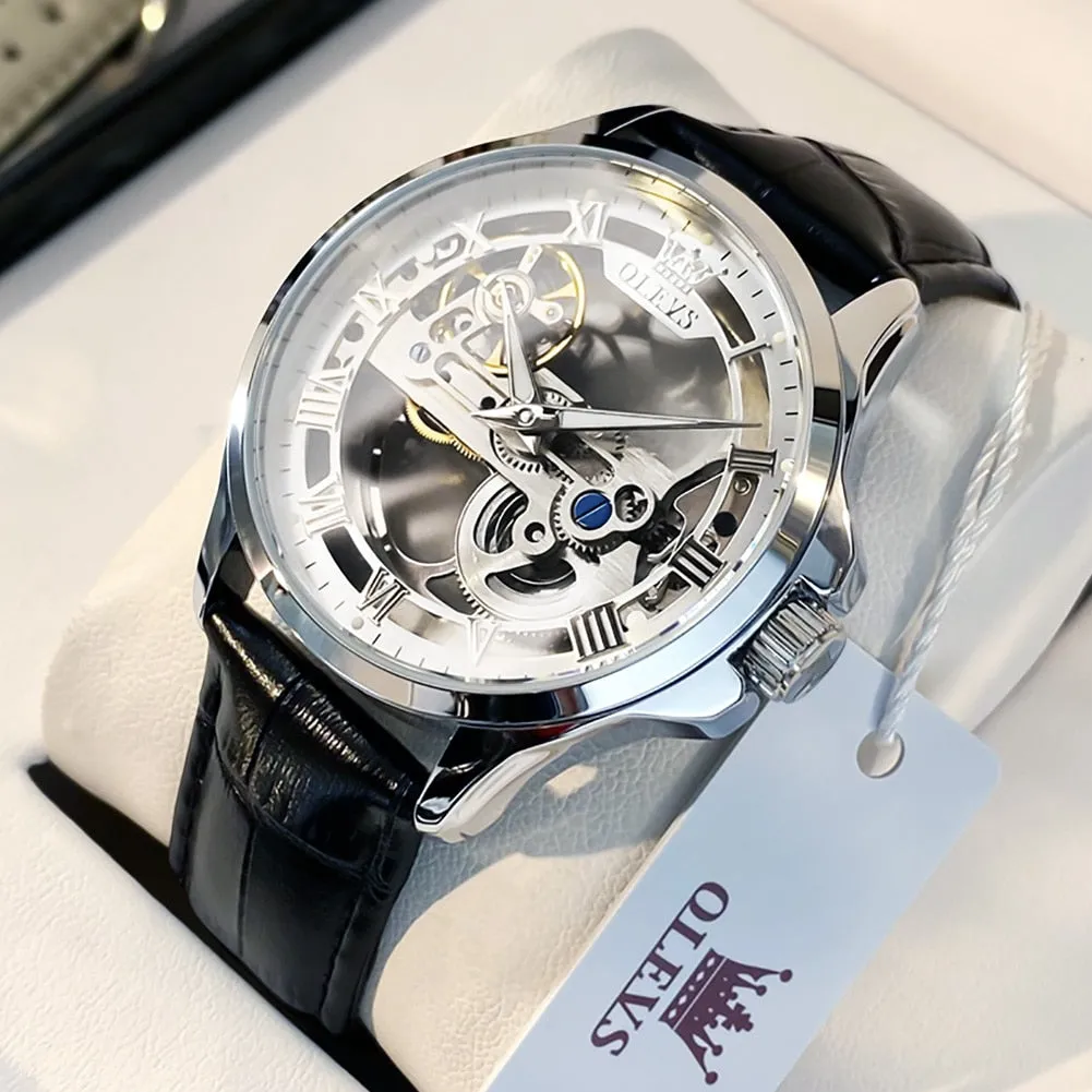 OLEVS Luxury Men Watches Automatic Mechanical Wristwatch Skeleton Design Waterproof Leather Strap Male Watch  Reloj Hombre