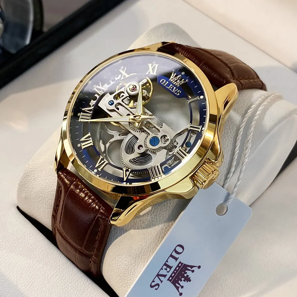 OLEVS Luxury Men Watches Automatic Mechanical Wristwatch Skeleton Design Waterproof Leather Strap Male Watch  Reloj Hombre