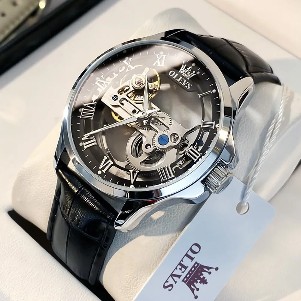 OLEVS Luxury Men Watches Automatic Mechanical Wristwatch Skeleton Design Waterproof Leather Strap Male Watch  Reloj Hombre