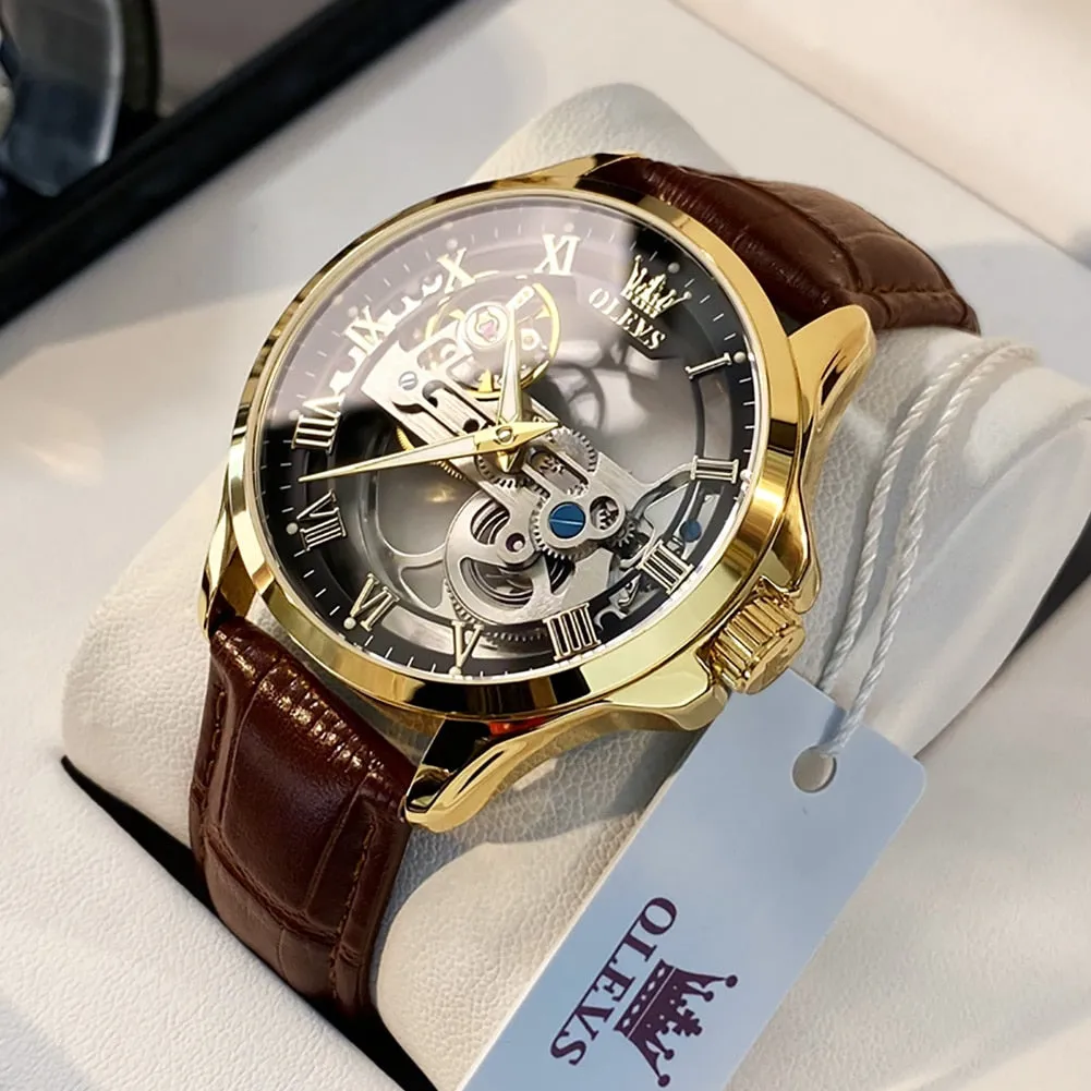 OLEVS Luxury Men Watches Automatic Mechanical Wristwatch Skeleton Design Waterproof Leather Strap Male Watch  Reloj Hombre