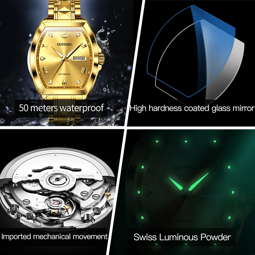 OUPINKE Men Gold Luxury Dress Watches Automatic Mechanical Tonneau Sapphire Crystal Tungsten Steel Date Waterproof Luminous Gift