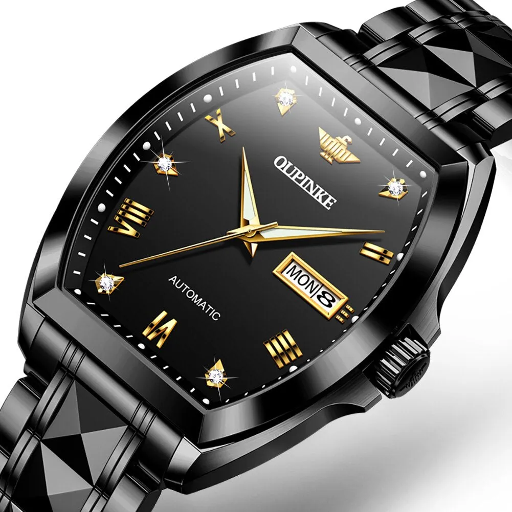 OUPINKE Men Gold Luxury Dress Watches Automatic Mechanical Tonneau Sapphire Crystal Tungsten Steel Date Waterproof Luminous Gift