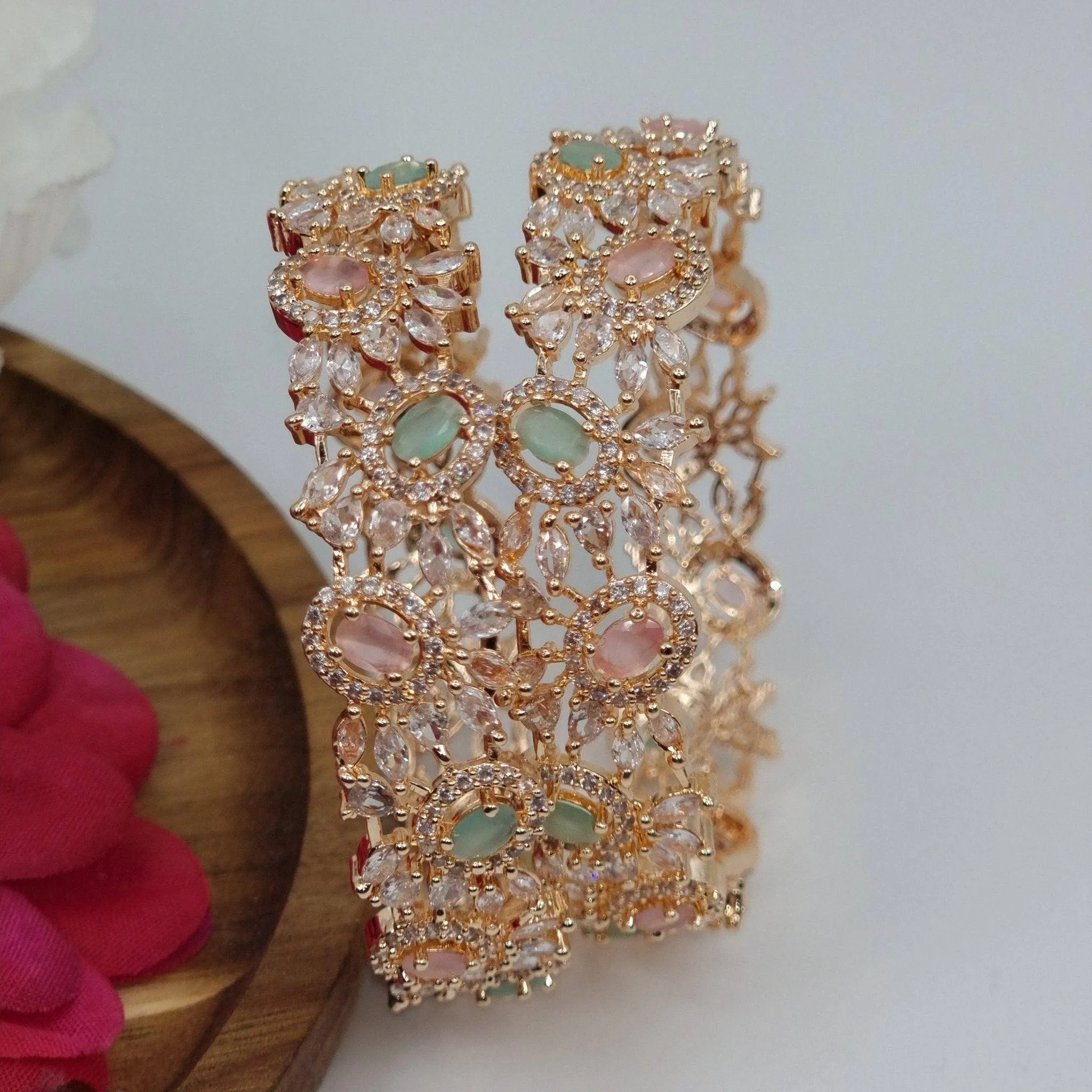 Pair of Rose Gold Bangles - Mint Pink