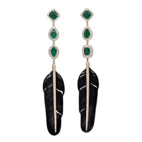 PAVE TRIPLE EMERALD   PAVE BLACK FEATHER EARRINGS