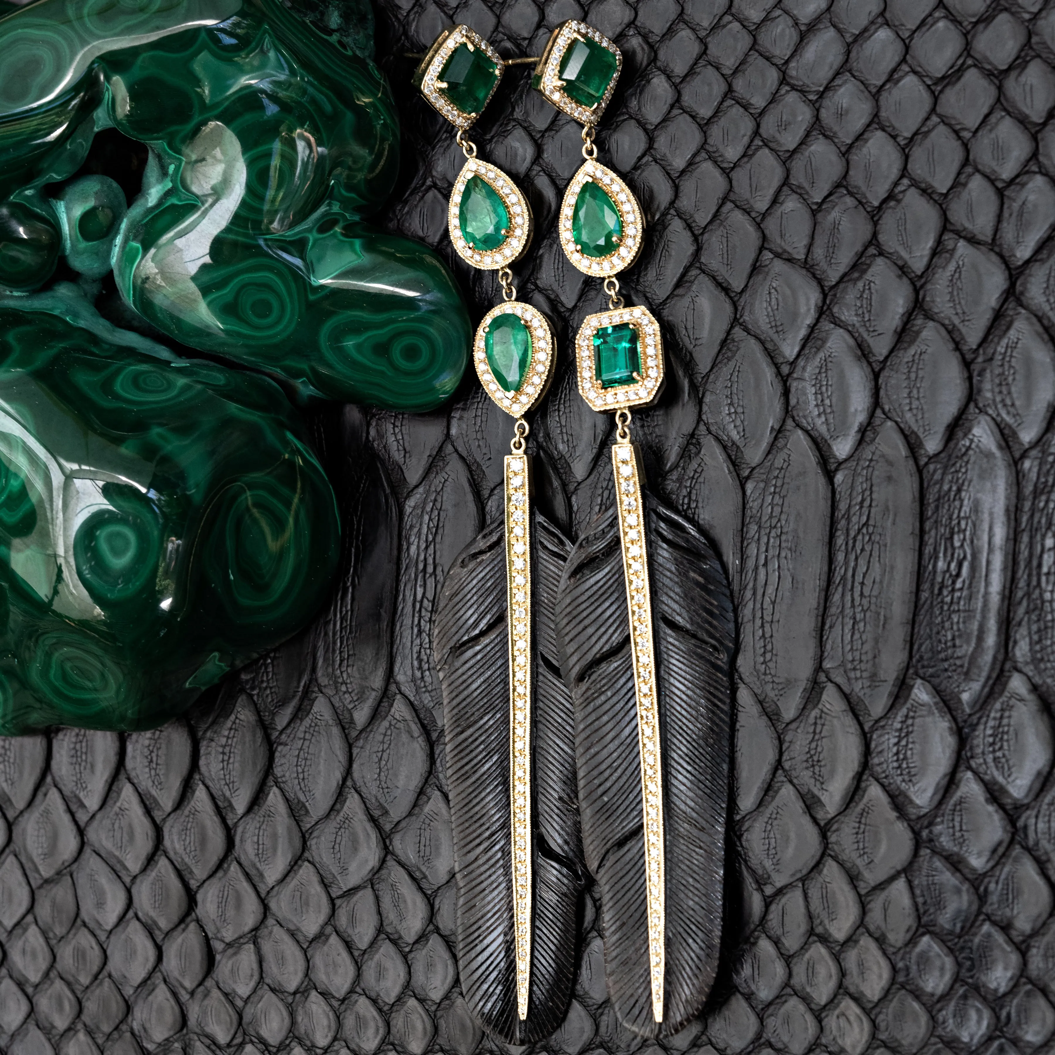 PAVE TRIPLE EMERALD   PAVE BLACK FEATHER EARRINGS
