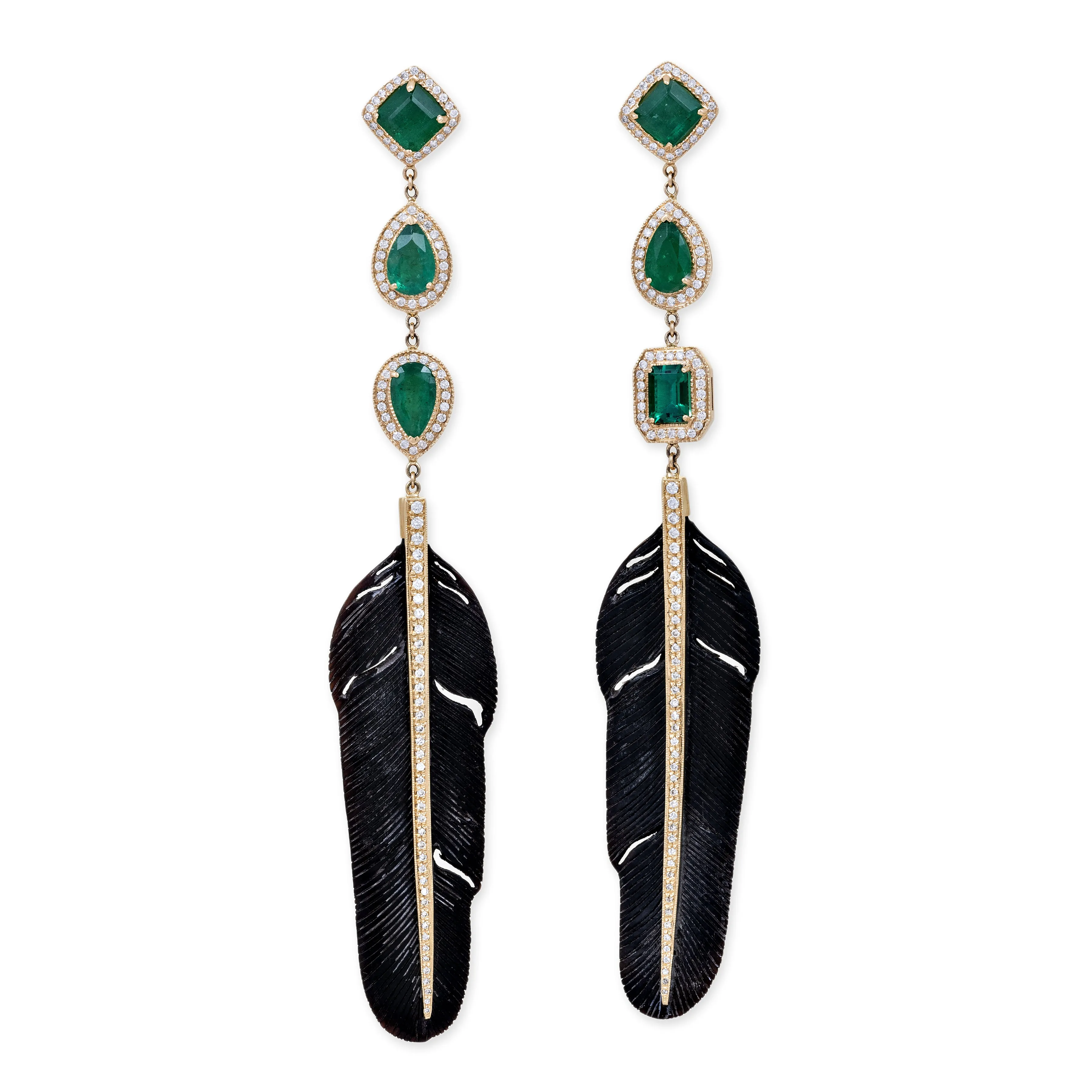 PAVE TRIPLE EMERALD   PAVE BLACK FEATHER EARRINGS