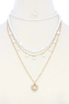 Puffy Heart Charm Pearl Bead Layered Necklace