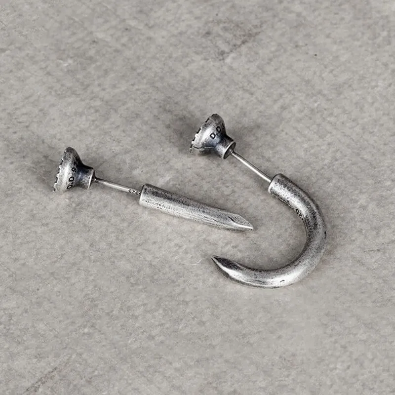 Punk Bent Hook Straight Nail Sterling Silver Stud Earring