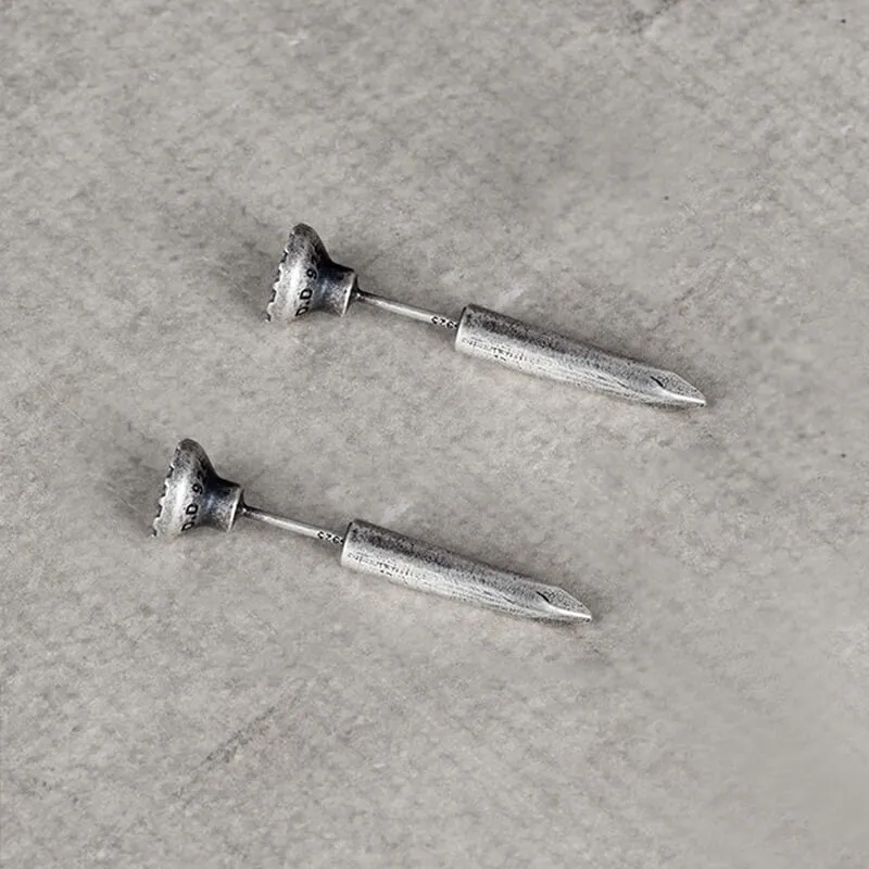 Punk Bent Hook Straight Nail Sterling Silver Stud Earring