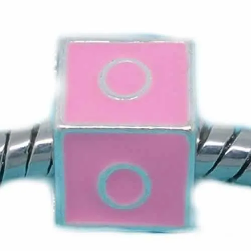 "O" Letter Square Charm Beads Pink Enamel European Bead Compatible for Most European Snake Chain Charm Bracelets