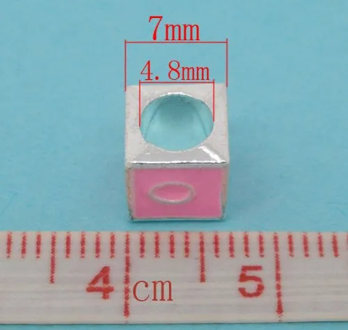 "O" Letter Square Charm Beads Pink Enamel European Bead Compatible for Most European Snake Chain Charm Bracelets