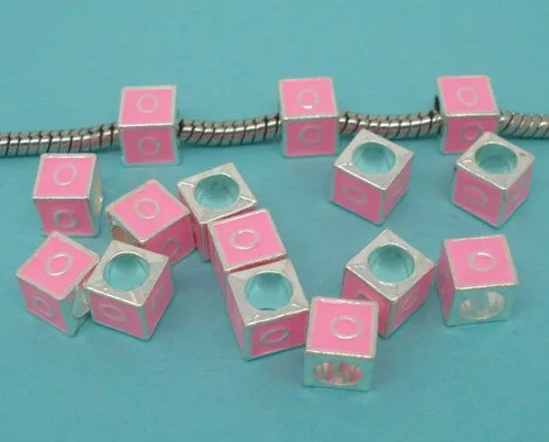 "O" Letter Square Charm Beads Pink Enamel European Bead Compatible for Most European Snake Chain Charm Bracelets