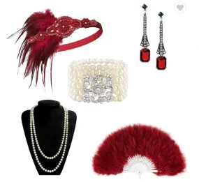 Red Feather Fan 1920s Gatsby Flapper Set