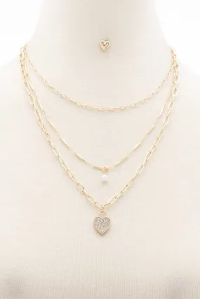 Rhinestone Heart Charm Layered Necklace