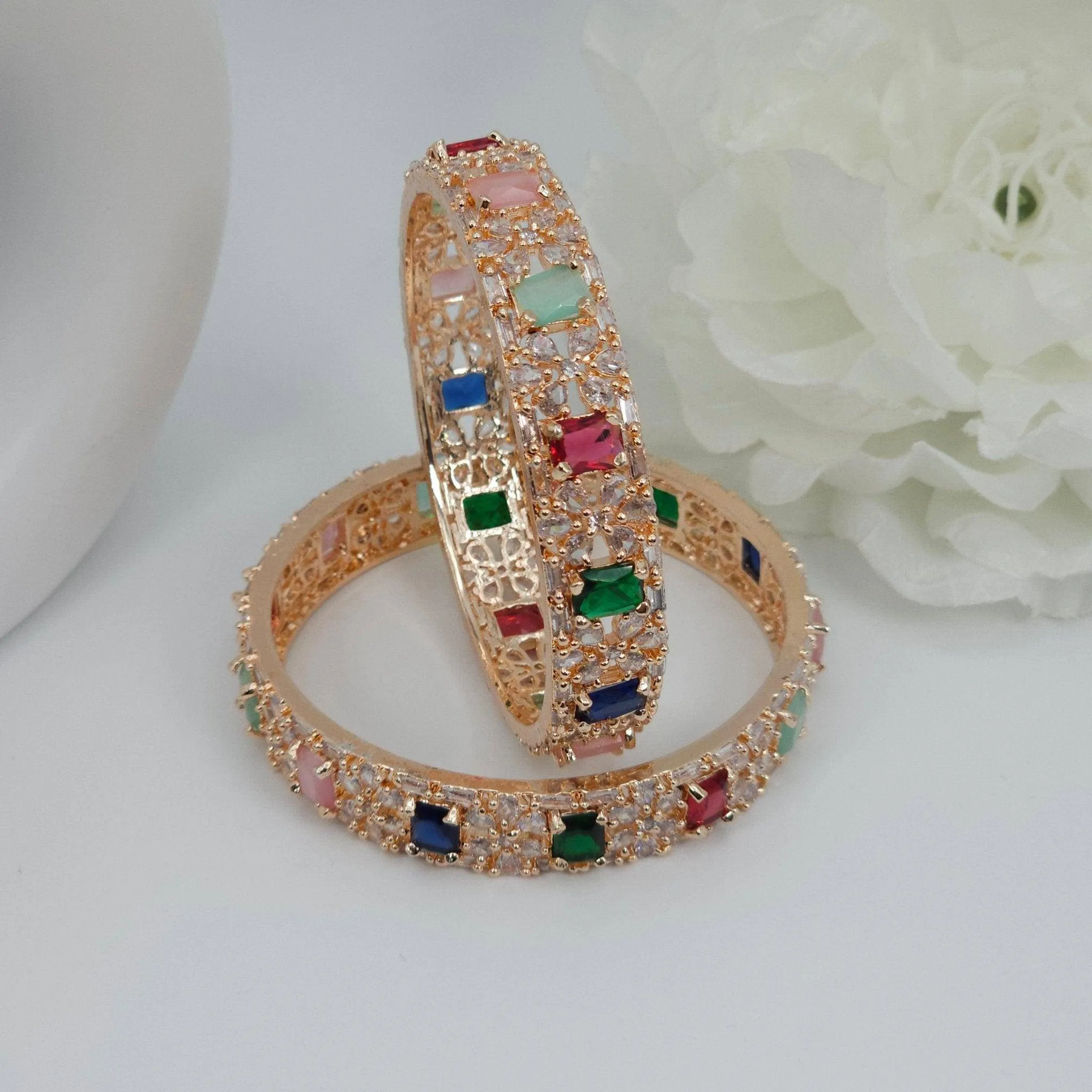 Rose Gold Multicolour Chunki AD Bangle Set