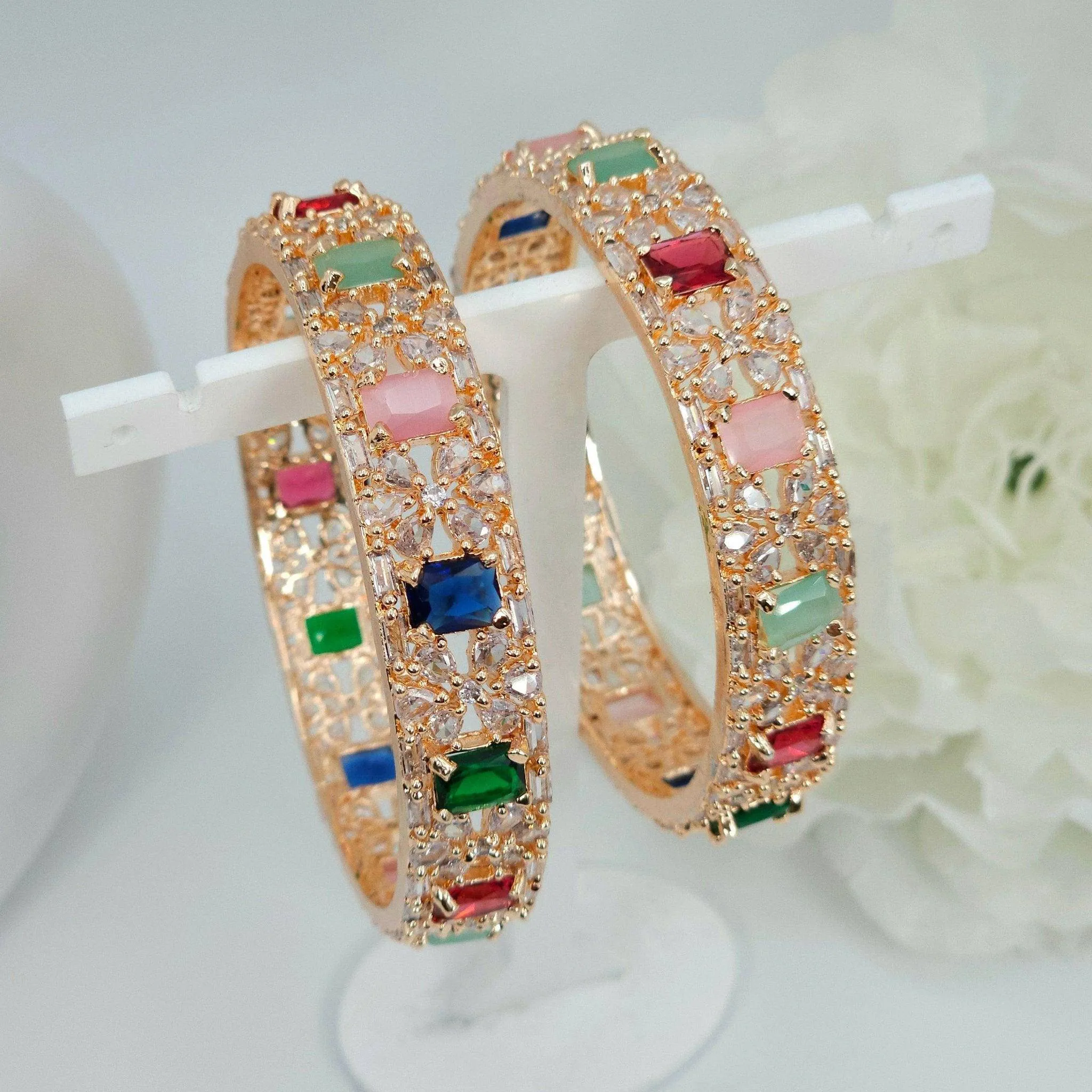 Rose Gold Multicolour Chunki AD Bangle Set