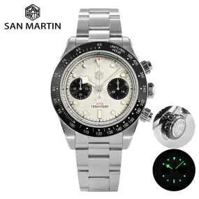 San Martin Men Sports Watch 40mm Panda BB Chronograph Retro Luxury Seagull ST1901 Manual Mechanical Sapphire 10Bar Luminous
