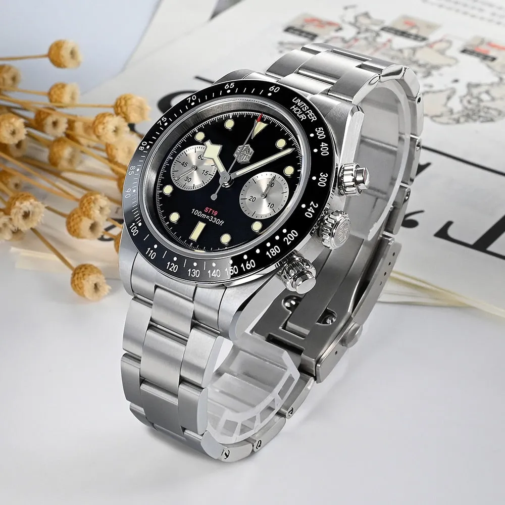 San Martin Men Sports Watch 40mm Panda BB Chronograph Retro Luxury Seagull ST1901 Manual Mechanical Sapphire 10Bar Luminous