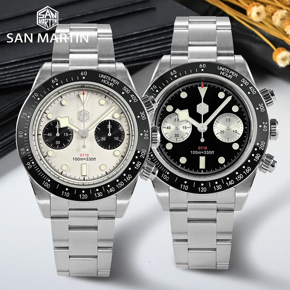 San Martin Men Sports Watch 40mm Panda BB Chronograph Retro Luxury Seagull ST1901 Manual Mechanical Sapphire 10Bar Luminous