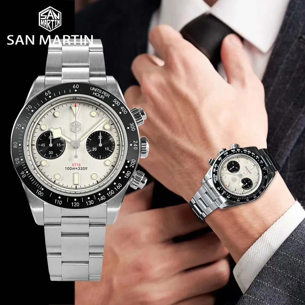 San Martin Men Sports Watch 40mm Panda BB Chronograph Retro Luxury Seagull ST1901 Manual Mechanical Sapphire 10Bar Luminous