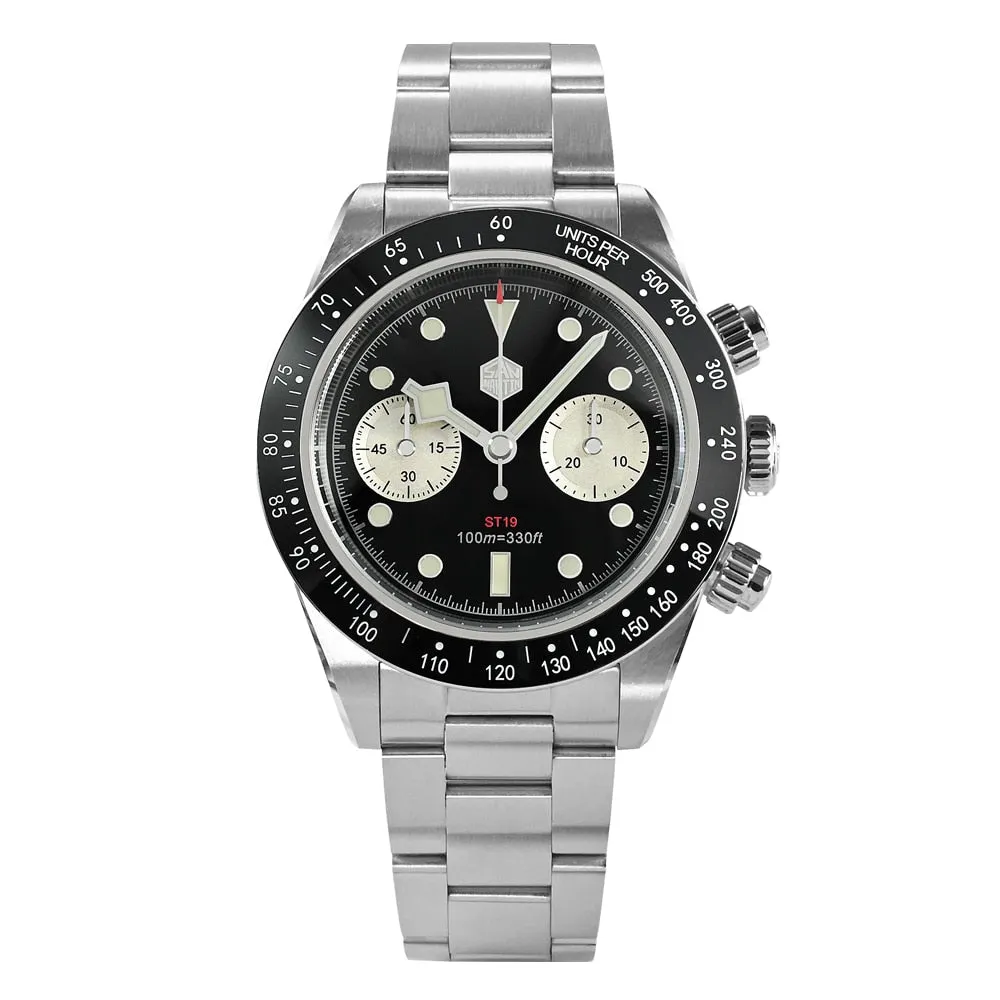 San Martin Men Sports Watch 40mm Panda BB Chronograph Retro Luxury Seagull ST1901 Manual Mechanical Sapphire 10Bar Luminous