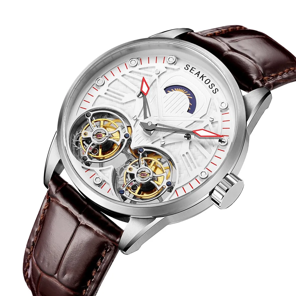 SEAKOSS Double Tourbillon Watch Men Top Luxury Sapphire Glass Skeleton Turbillon Mechanical Hand Wind Wristwatch Mens Fashion