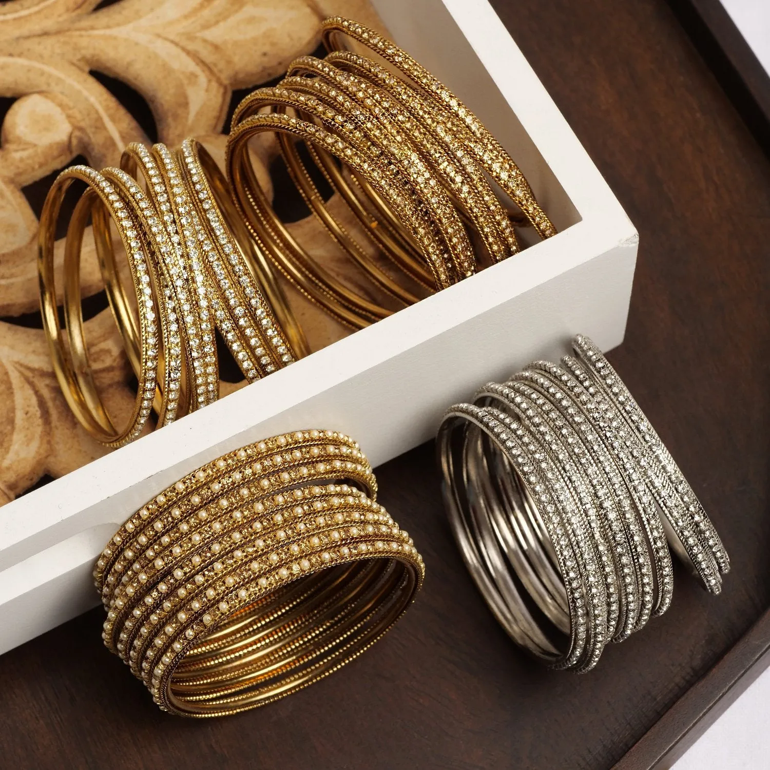 Set of 8 Pearl Bangles in Antique Gold